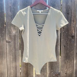 Express One Eleven Light Green Crisscross Front Thong Bodysuit - Size Medium